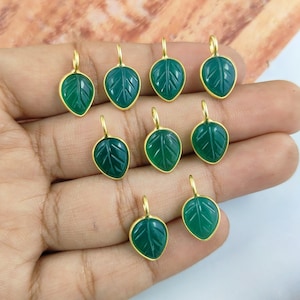 Green Onyx Leaf Carving Gemstone, Sterling Silver Charm Pendant, Handmade Carving DIY Charm for Making Necklace Earrings