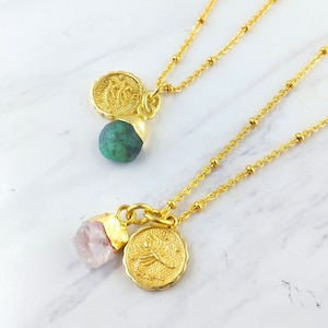 Raw Birthstone Pendant and Zodiac Coin Necklace Leo Necklace Libra Necklace Emerald Necklace Raw Moonstone Necklace ZDC Selling Per Piece