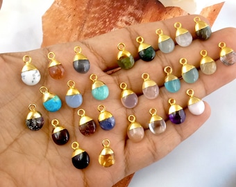 Tiny Tumble Pendant, Gemstone Charms Pendant, Silver/Gold Electroplated Cap and Bail Charm, Smooth Stone Charms, Birthstone Pendant Necklace
