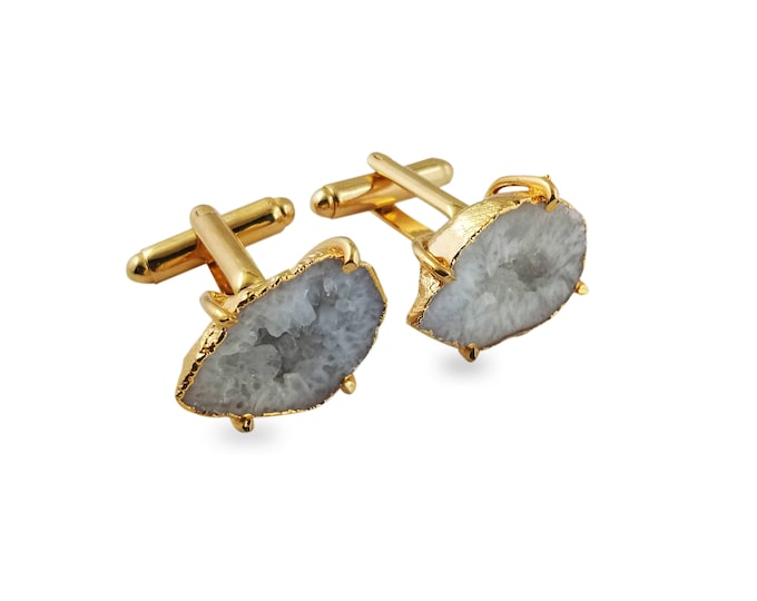 Natural White Geode Druzy Cufflink, Gold Electroplated Cufflink, Handmade Cufflink, Gold Plated Cufflink Set, Gift For Groom
