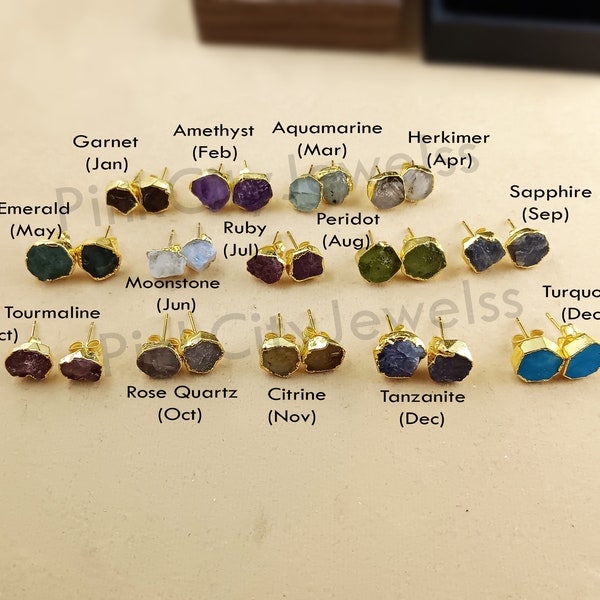 Birthstone Stud Earrings, Raw Stone Stud Earrings, Gold Plated Stud Earrings, Raw Birthstone Earrings, Birthstone Jewelry Raw Earrings,