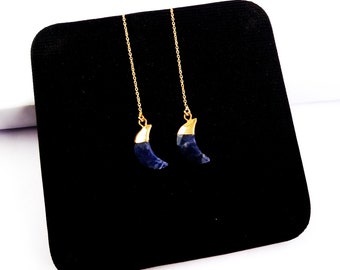 18k Gold Plated Sodalite Crescent Gemstone Threader Earrings, Gold Vermeil Earring, Chain Earrings, Ear Threads, Gemstone Earring