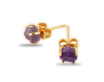 Gold Plated Prong Set Raw Amethyst Gemstone Tiny Stud Earring 5mm to 7mm Aprx, February Birthstone Stud,Selling Per Pair,Gemstone Stud