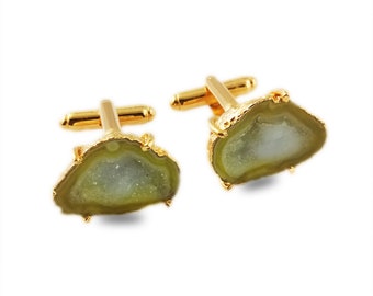 Natural Yellow Geode Druzy Cufflink, Gold Electroplated Cufflink, Handmade Cufflink, Gold Plated Cufflink Set, Gift For Groom
