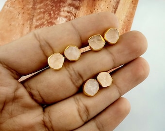Rose Quartz Raw Stud, Collate Set Earring, Birthstone Raw Ear Stud, Gold-Plated Gemstone Raw Earring, Gift For Her, Selling Per Pair