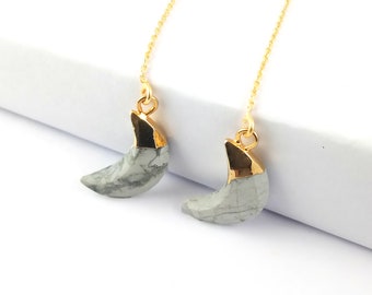 18k Gold Plated Howlite Jasper Crescent Gemstone Threader Earrings, Gold Vermeil Earring, Chain Earrings, Ear Threads, Gemstone Earring