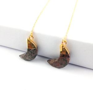 18k Gold Plated Leopard Skin Jasper Crescent Gemstone Threader Earrings, Gold Vermeil Earring, Chain Earrings, Ear Threads, Gemstone Earring