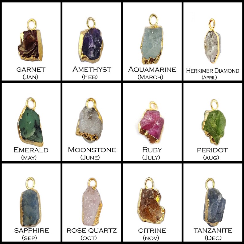 May include: Twelve gold charms, each featuring a different gemstone, representing the birthstones for each month of the year. The charms are arranged in a grid of four rows and three columns. The gemstones include garnet, amethyst, aquamarine, herkimer diamond, emerald, moonstone, ruby, peridot, sapphire, rose quartz, citrine, and tanzanite.