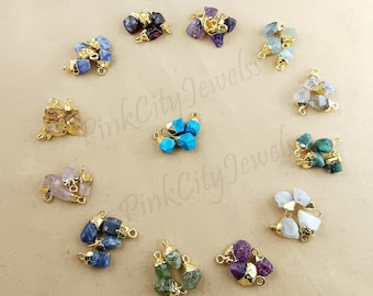 Paquete de 2 conectores de piedras preciosas naturales en bruto, colgantes para manualidades, conectores de piedras de nacimiento, conectores chapados en oro.