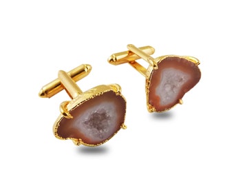 Geode Druzy Cufflink, Peach Color Druzy Gold Electroplated Cufflink, Handmade Cufflink, Gold Plated Cufflink Set, Gift For Groom