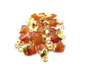Gold Electroplated Natural Raw Carnelian Charm Pendant, Jewelry Making Supplies, Free Form Raw Stone Mini Pendants, 1 Piece