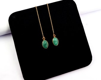 18k Gold Plated Emerald Marquise Gemstone Threader Earrings, Gold Vermeil Earring, Chain Earrings, Ear Threads, Gemstone Earring