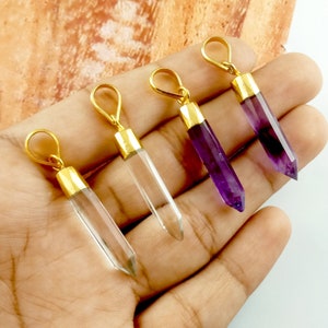 Amethyst Spike Pendant, Crystal Spike Pendant, Electroplated Cap Pencil Point Pendant, Long Spike Pendant, Pencil Shape Gemstone Pendant,