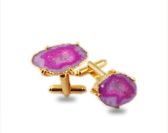 Natural Pink Geode Druzy Cufflink, Gold Electroplated Cufflink, Handmade Cufflink, Gold Plated Cufflink Set, Gift For Groom