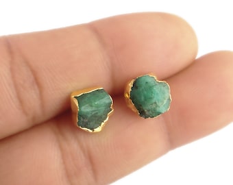 Raw Emerald May Birthstone Raw Stud Earrings, Gold Plated Birthstone Earrings Stud - Rough Stone Earrings