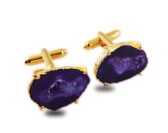 Natural Purple Geode Druzy Cufflink, Gold Electroplated Cufflink, Handmade Cufflink, Gold Plated Cufflink Set, Gift For Groom