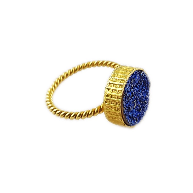 Gift For Her 18k Gold Plated Blue Titanium Druzy Gemstone Handmade Ring 12mm Round Gemstone Ring