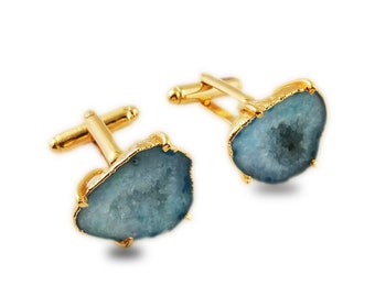 Natural Aqua Blue Geode Druzy Cufflink, Gold Electroplated Cufflink, Handmade Cufflink, Gold Plated Cufflink Set, Gift For Groom