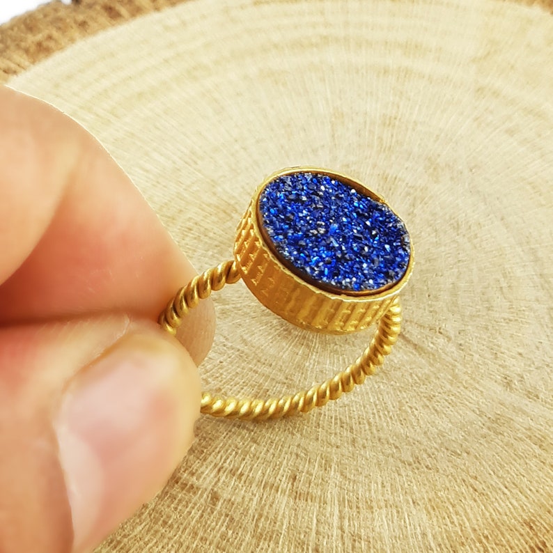 Gift For Her 18k Gold Plated Blue Titanium Druzy Gemstone Handmade Ring 12mm Round Gemstone Ring