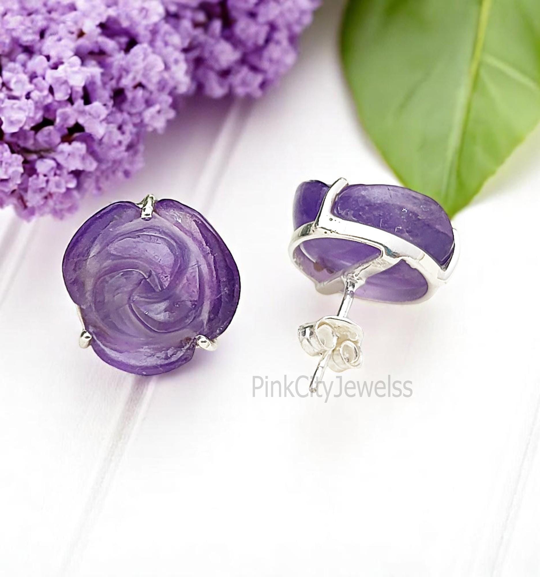Handcarved Amethyst Stud Earrings - Rose Flower Earrings - February Birthstone Earrings - Sterling Silver Prong Earring - Selling Per Pair
