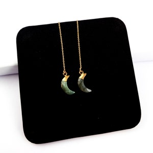 Pendientes de labradorita con forma de media luna bañados en oro de 18 quilates, pendientes de oro vermeil, pendientes de cadena, pendientes de hilo, pendientes con piedras preciosas