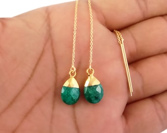 18k Gold Plated Emerald Gemstone Threader Earrings, Gold Vermeil Earring, Chain Earrings, Ear Threads, Pear Drop Gemstone Earrings