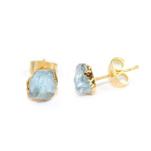 Natural Aquamarine Rough Stud Earrings, March Birthstone, Raw Gemstone Earring, Dainty Stud Earring, Gold Electroplated Stud Gifts For Her