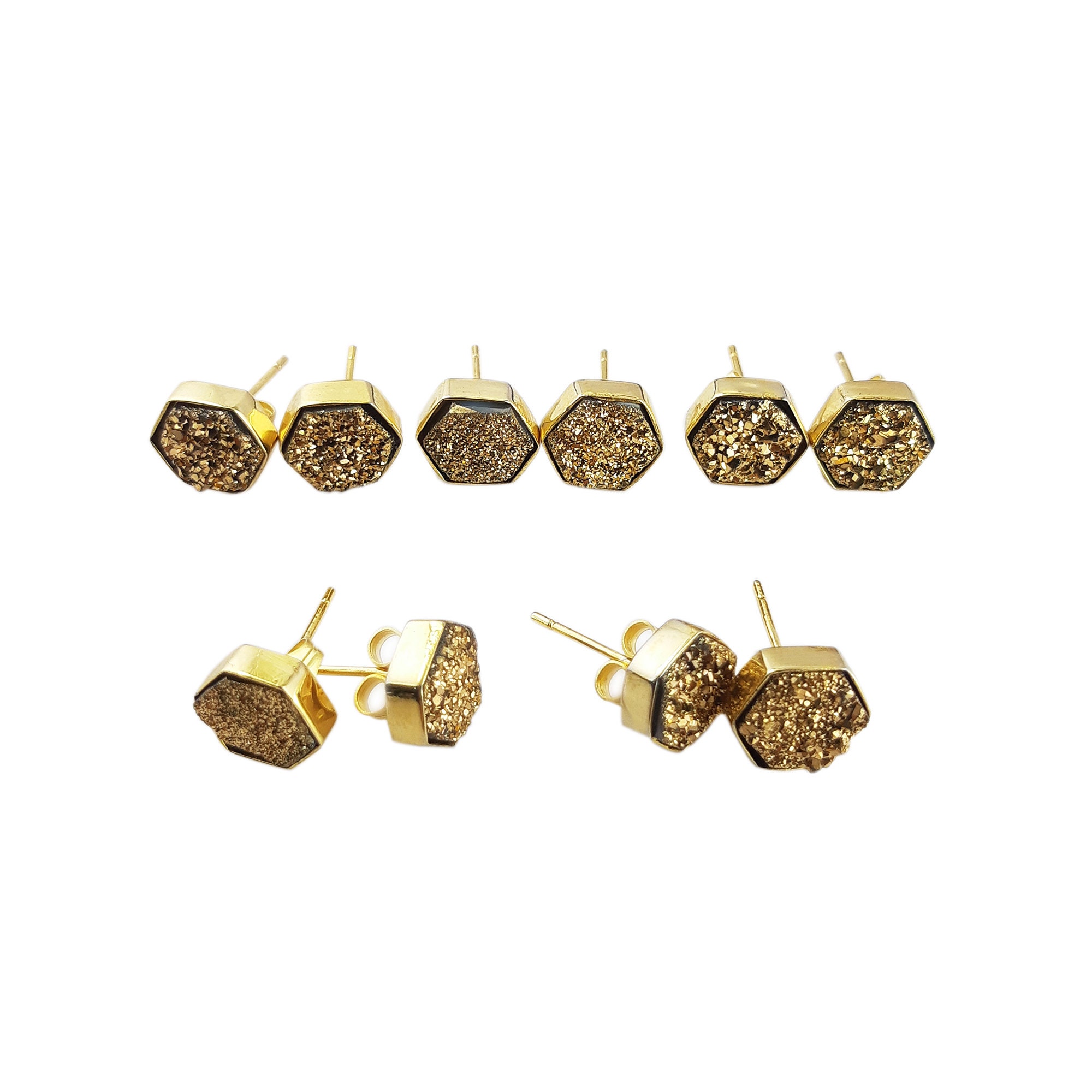 9mm Hexagon Titanium Natural Druzy Women Hook Earrings Gold Plated Bezel AZG159