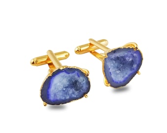Natural Violet Geode Druzy Cufflink, Gold Electroplated Cufflink, Handmade Cufflink, Gold Plated Cufflink Set, Gift For Groom