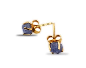 Gold Plated Prong Set Raw Tanzanite Gemstone Tiny Stud Earring 5mm to 7mm Aprx, December Birthstone Stud,Selling Per Pair,Gemstone Stud