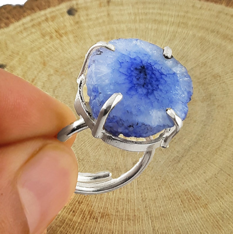 Silver Plated Blue Solar Quartz Gemstone Handmade Ring Jewelry Gift For Her 20mm Round Solar Quartz Ring Jewelry