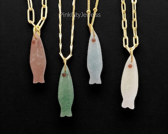 Lucky Fish Carving Necklace-Unique Artisan Handcarved Necklace-Crystal Healing Animal Necklace-Mix Stone Women Necklace-Selling By Necklace