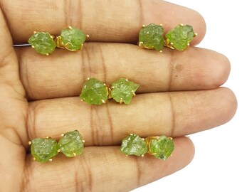 Green Peridot Raw Gemstone Stud Earrings- August Birthstone Earrings- Prong Set Jewelry, Dainty Minimalist Studs- Gift For Her- 1 Pair Lot