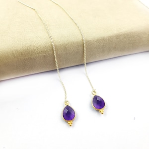 Pendientes de amatista con bisel elegante, largos de oro vermeil, delicados pendientes colgantes de lágrima, un regalo para ella.