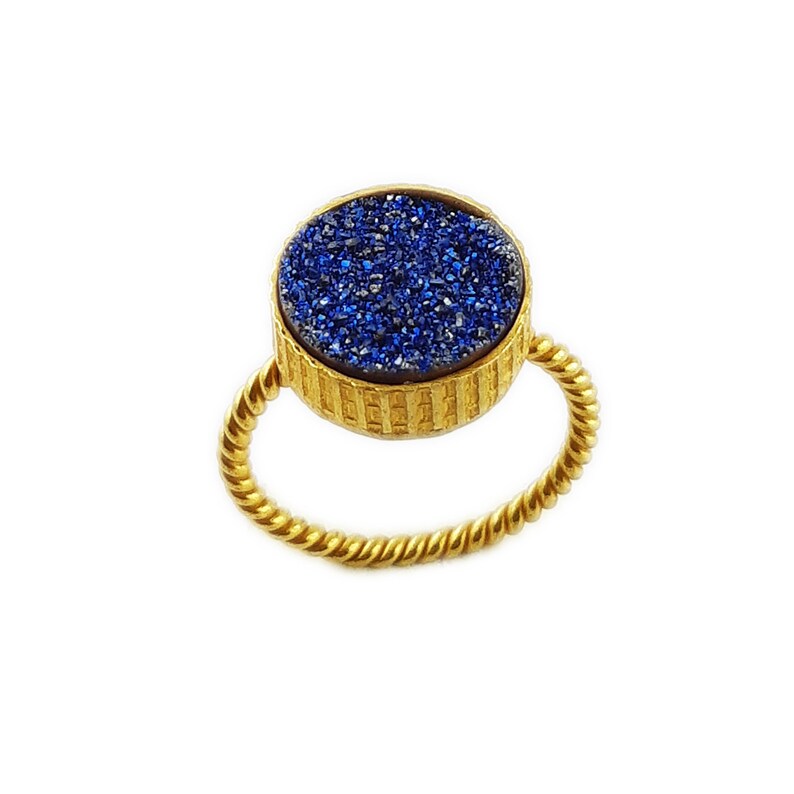Gift For Her 18k Gold Plated Blue Titanium Druzy Gemstone Handmade Ring 12mm Round Gemstone Ring