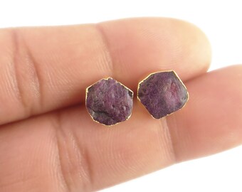 Raw Ruby July Birthstone Raw Stud Earrings, Gold Plated Birthstone Earrings Stud - Rough Stone Earrings