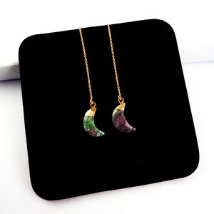 18k Gold Plated Ruby Zoisite Crescent Gemstone Threader Earrings, Gold Vermeil Earring, Chain Earrings, Ear Threads, Gemstone Earring