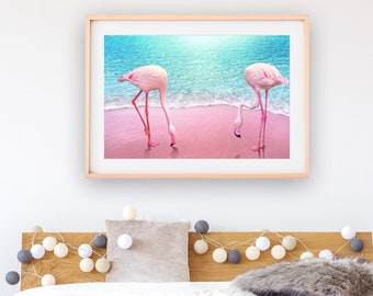 Pink Flamingo Print, Modern Beach Print, Flamingos Wall Art, Pink Flamingo Poster, Flamingo Art Print, Digital Download