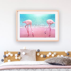 Pink Flamingo Print, Modern Beach Print, Flamingos Wall Art, Pink Flamingo Poster, Flamingo Art Print, Digital Download