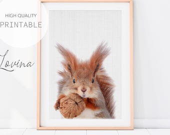 Squirrel Print, Woodland Animals, Forest Decor Print, Squirrel Head, Woodland Nursery Printable, Squirrel Nursery Picture, Digital Download