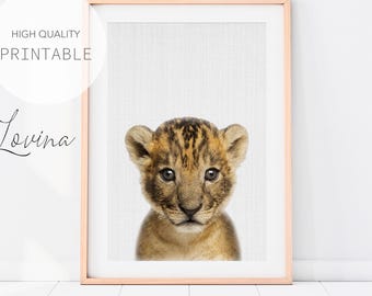 Lion Cub Print, Baby Animal Nursery Print, Printable Safari Nursery Wall Art, Lion Cub Wall Art, Safari Nursery Decor, Lion Digital Download