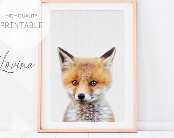 Baby Fox Wall Art Printable - Forest Animal - Woodland Themed Nursery Print - Grey Background - Digital Download
