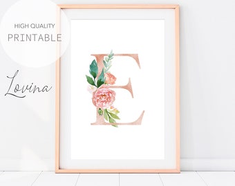Letter E Print, Blush Pink Floral Letters, Alphabet Print, Letter E Wall Decor, Letter E Artwork, Letter E Poster, Letters Digital Download