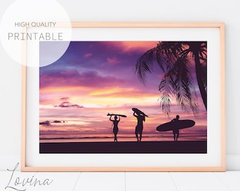 Surfers Print, Surfing Wall Art, Beach Coastal Print, Purple Surf Print, Surf Photography, Pastel Beach Art, Surf Print Digital Download