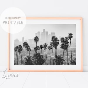 Downtown Los Angeles Art, Black and White Print, DIGITAL DOWNLOAD, Los Angeles Skyline, California Wall Art, Palm Trees Print, Printable Art