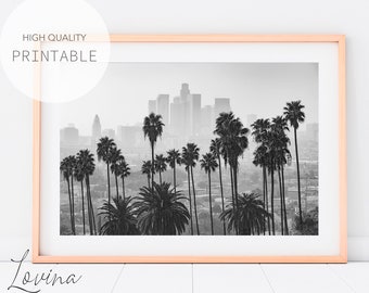 Downtown Los Angeles Art, Black and White Print, DIGITAL DOWNLOAD, Los Angeles Skyline, California Wall Art, Palm Trees Print, Printable Art