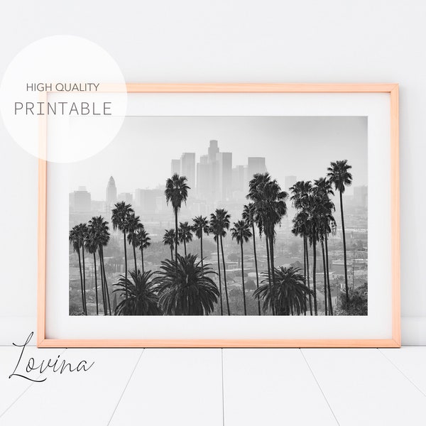 Downtown Los Angeles Art, Black and White Print, DIGITAL DOWNLOAD, Los Angeles Skyline, California Wall Art, Palm Trees Print, Printable Art