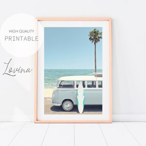 Strand Wandkunst Druck, Retro Kombi Van Foto, DIGITALER DOWNLOAD, Palmen Foto, Kombi Surf Print, Retro Van Poster, Vintage Van am Strand