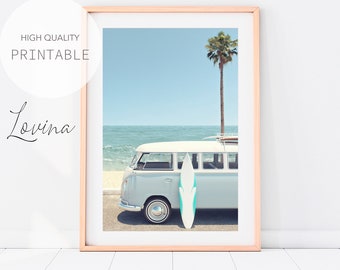 Beach Wall Art Print, Retro Combi Van Photo, DIGITAL DOWNLOAD, Palm Trees Photo, Kombi Surf Print, Retro Van Poster, Vintage Van at Beach
