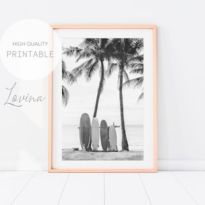 Planches de surf sur la plage Wall Art, Black White Print, TÉLÉCHARGEMENT NUMÉRIQUE, Surf Board Print, Black and White Surf Photo, vintage Surf Print